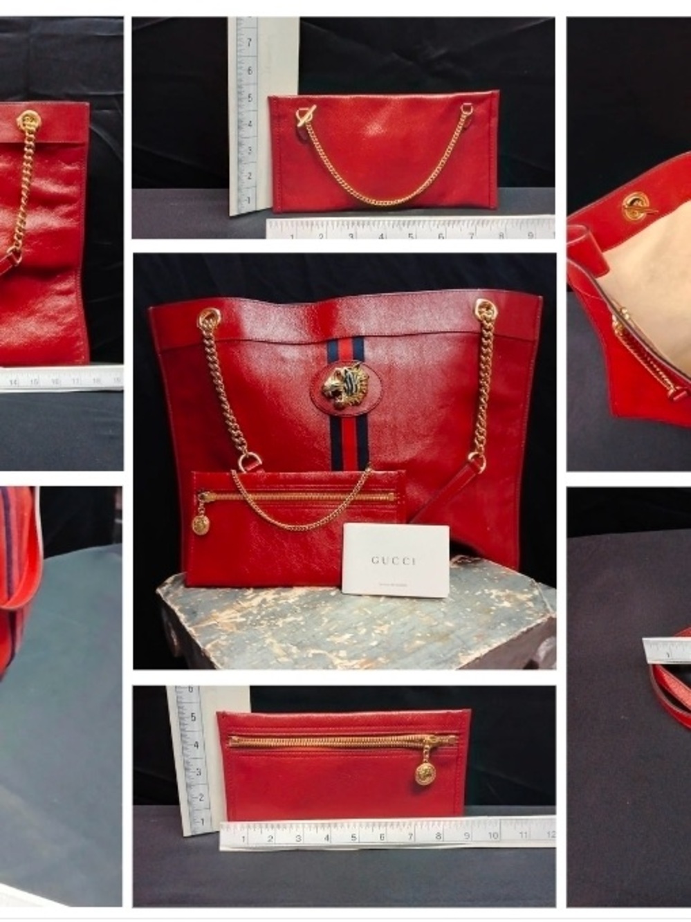 Gucci Rajah Tote w/accessory bag, Red leather, Navy & Gold trim w/enamel tiger❤️ - Picture 9 of 9